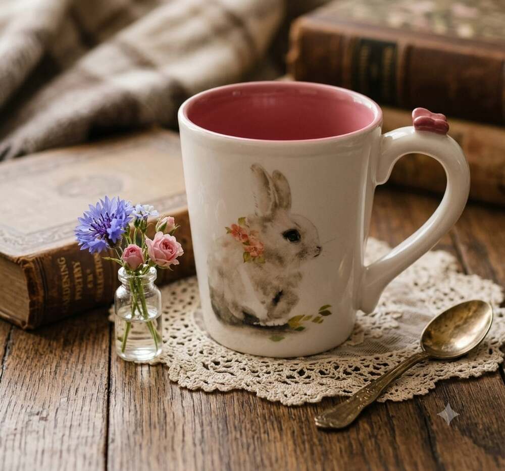 Pier 1 Easter Bunny Mug with Butterfly on Handle and Pink Interior